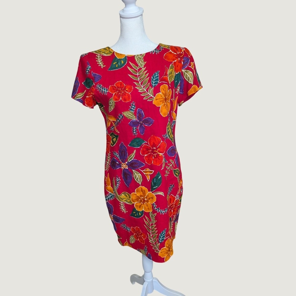 Liz Claiborne Petite Red Linen Tropical Hibiscus Floral Dress Size 4P
